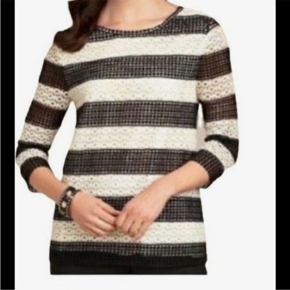Talbots Black White Eyelet Striped Crochet Lace Tunic Top Blouse Size XS